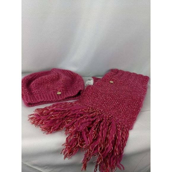 CHANEL Accessories - Chanel Hot Pink Luxurious Wool Mohair Blend Knit Hat Scarf Set